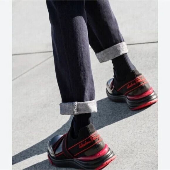 Salvatore Ferragamo Tylar Slip-On Low-Top Sneakers 42 9 M Mens Black Red New - Picture 2 of 14